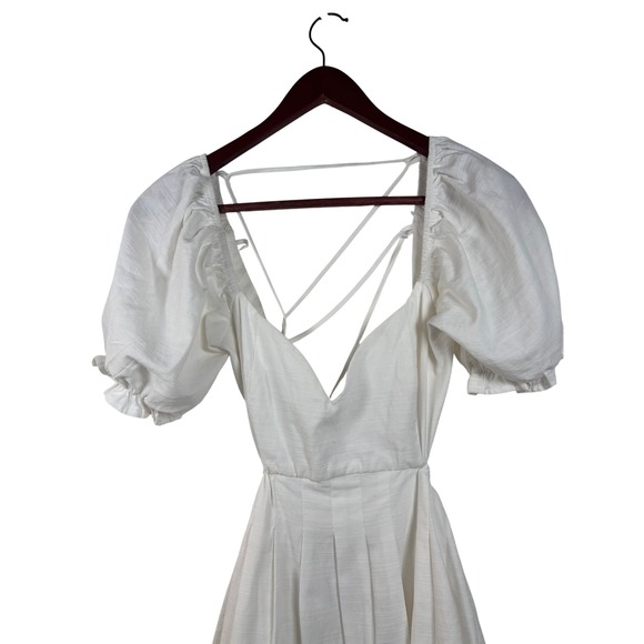 Lulus Mini Dress Womens M White Cotton Linen Puff Sleeve Lace Up Back MD2965LU - Picture 2 of 9